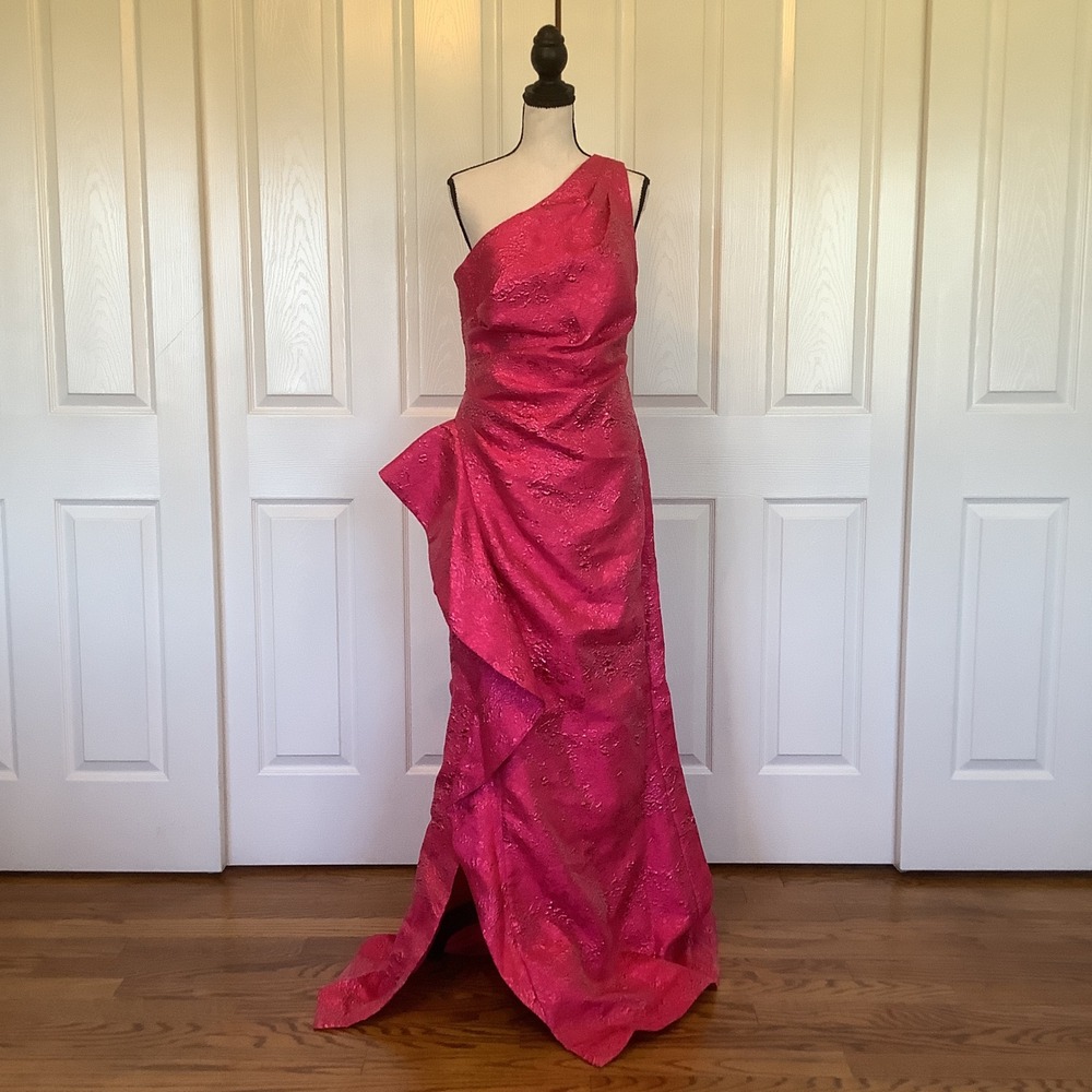 Rickie Freeman Teri Jon Hot Pink Metallic Jacquard One Shoulder Gown Size 8 NWT